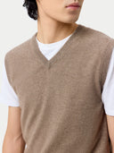 Timeless V-Neck Cashmere Vest Taupe  worn by model, detail view, on white background