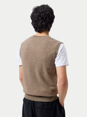 Timeless V-Neck Cashmere Vest Taupe  worn by model, back view, on white background
