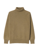 Unisex High-Neck Cashmere Sweater in muted green with ribbed turtleneck and cuffs, crafted from pure Mongolian cashmere.