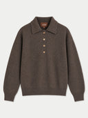 A dark brown knit polo sweater with a three-button placket, laid flat against a light gray background. The brand label 'GOBI' is visible on the inner collar.