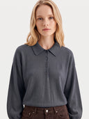 Cashmere Silk Polo Collar Sweater in graphite black, worn by a model