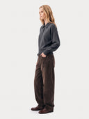 Cashmere Silk Polo Collar Sweater in graphite black, worn by a model