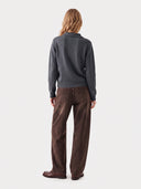 Cashmere Silk Polo Collar Sweater in graphite black, worn by a model