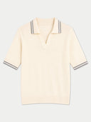 Flat lay of the pure white cashmere silk rib-knit polo sweater with a striped collar and striped cuffs.