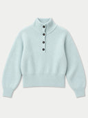 A light mint green ribbed knit mock neck sweater with a three-button placket, displayed flat against a light off-white background.