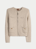 Women's Textured Knit Cashmere Jacket-Style Cardigan Warm Grey detail view on white background