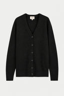 A black knit cardigan sweater with a V-neck, long sleeves, and a button-up front, shown flat against a light gray background. The brand label 'GOBI' is visible inside the collar.