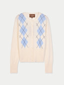 Women's White Cashmere Argyle Cardigan detail view on white background