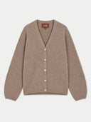 A taupe brown knit cardigan sweater with a V-neck, long sleeves, and a button-up front, shown flat on a light gray background. The brand label 'GOBI' is visible inside the collar.