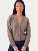 Model wearing the Cashmere V-Neck Cardigan in Taupe, front view