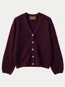 A dark plum purple knit cardigan sweater with a V-neck, button-up front, and long sleeves, shown flat against a light gray background. The brand name 'GOBI' is visible on the inner neck label.