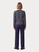 Cashmere Cable-Knit Crewneck Cardigan in black, worn by a model