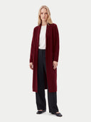 Model wearing the Cashmere Shawl-Collar Long Cardigan in Wine Red, full-length front view