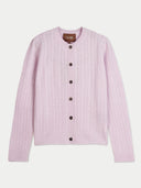 A light pink cable-knit cardigan sweater with a button-up front, displayed flat against a light gray background. The brand name 'GOBI' is visible on the inner neck label.