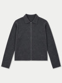 A dark gray zip-up knit polo jacket with long sleeves, laid flat against a light gray background.