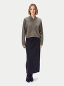 Model wearing the Cashmere-Silk Cropped Zip-Up Cardigan in Stone Taupe, full-length front view
