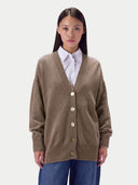 Model wearing the Cashmere Loose-Fit V-Neck Cardigan in Taupe, front view