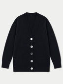 A black knit cardigan sweater with a V-neck, long sleeves, and a front button closure, displayed flat against a light gray background.