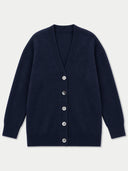 A navy blue knit cardigan sweater with a V-neck, long sleeves, and a front button closure, displayed flat against a light gray background.