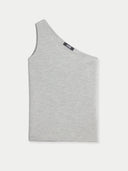 Gray one-shoulder tank cashmere top with a brand label on a white background #color_urban-gray