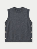 A dark gray sleeveless knit vest with decorative buttons on the side, displayed flat against a light gray background.