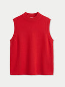 A sleeveless red knit sweater vest with a ribbed mock neck, displayed flat against a light gray background.