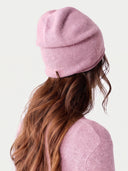Model wearing the Cashmere Hat & Sweater Set in Light Pink, back view
