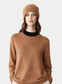 Model wearing the Cashmere Hat & Sweater Set in Leather Brown, slouchy beanie and round-neck sweater, front view