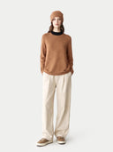 Model wearing the Cashmere Hat & Sweater Set in Leather Brown, full-length front view