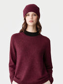 Model wearing the Cashmere Hat & Sweater Set in Wine Red, close front view