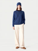 Model wearing the Cashmere Hat & Sweater Set in Deep Blue, full-length front view