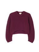 Oval-Sleeve Cropped Cashmere Sweater in burgundy red with geometric knit patterns and a cropped design.