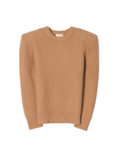 Sculpted-Shoulder Cashmere Sweater in Warm Brown, featuring structured silhouette and detachable shoulder pads.
