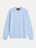 Flat lay of the Seamless Cashmere Clean Crewneck Sweater in Soft Blue, front view with ribbed neckline, cuffs and hem