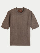 A brown ribbed knit short-sleeve crewneck sweater with a visible GORE brand label on the inner neck, displayed flat against a light gray background.