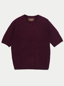 A dark burgundy ribbed knit short-sleeve sweater with a brown GOBI neck label, displayed flat against a light gray background.