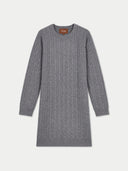 A gray cable-knit long-sleeve sweater dress with a crew neck, shown flat against a light gray background. A small brown brand label reading 'GOBI' is visible inside the collar.