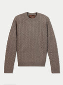 A taupe brown cable-knit crewneck sweater by GOBI, displayed flat against a light gray background.