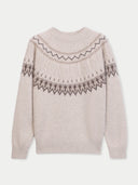 A light beige knit sweater with a dark gray geometric Fair Isle pattern across the yoke and sleeves, displayed on a clean off-white background.