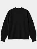 A black long-sleeve knit sweater with textured cable detailing down the sleeves, displayed flat against a light gray background.#color_black