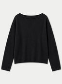 A black long-sleeve knit top with a wide boat neckline, laid flat against a light gray background.
