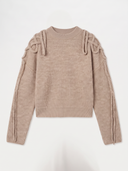 A beige ribbed knit sweater with decorative knotted details on the shoulders and down the sleeves, shown flat against a light off-white background.