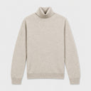 A light beige heathered knit turtleneck sweater displayed flat against a light gray background.