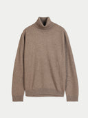 A taupe brown knit turtleneck sweater with long sleeves and ribbed cuffs and hem, displayed against a light gray background.