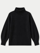 A black knit turtleneck sweater with balloon sleeves, shown flat against a light gray background.