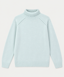 A light mint green knit turtleneck sweater with raglan sleeves, shown flat against a light off-white background.