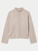A light beige knit sweater with a mock neck and a braided decorative detail running down the front center, displayed on a clean off-white background.