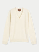 Flat lay of the Cashmere Deep V-Neck Sweater in White.