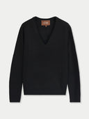 A black long-sleeve V-neck knit sweater with a brown Gobi label at the collar, displayed flat against a light gray background.