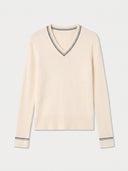 Cashmere Silk Cricket V-Neck Sweater in Pure White, flat lay front view